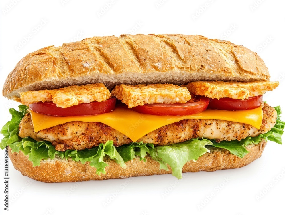 Delicious Chicken Sandwich with Fresh Toppings on Toasted Bread Roll Delicious Chicken Sandwich with Fresh Toppings on Toasted Bread Roll