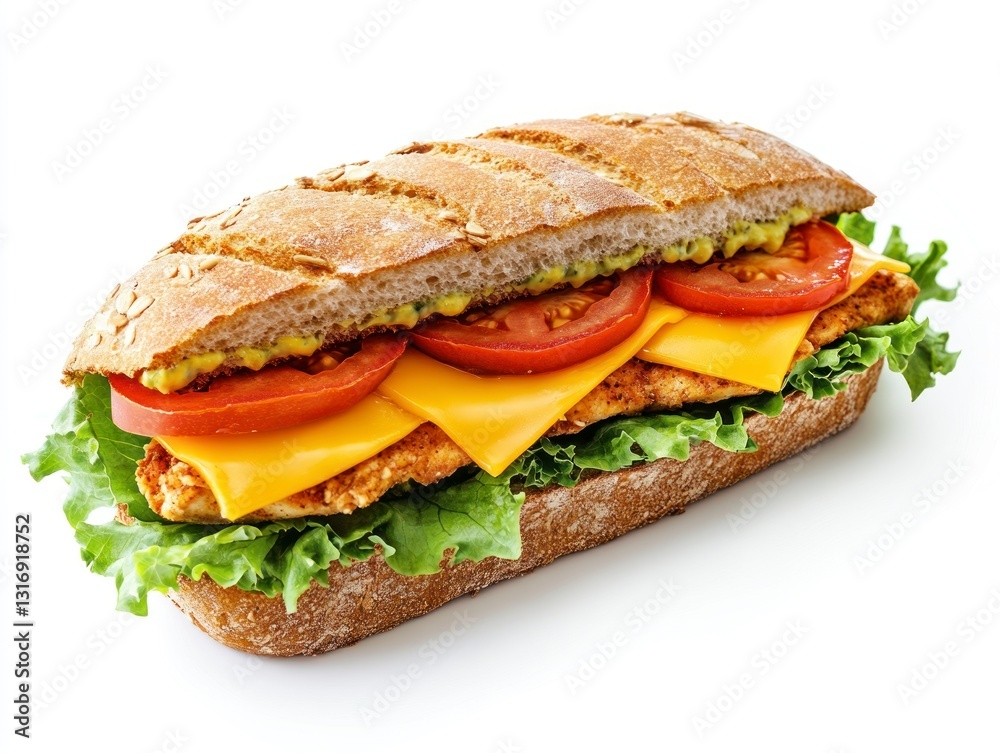 Eating Fresh Chicken Sub Sandwich with Cheddar Cheese and Vegetables Eating Fresh Chicken Sub Sandwich with Cheddar Cheese and Vegetables