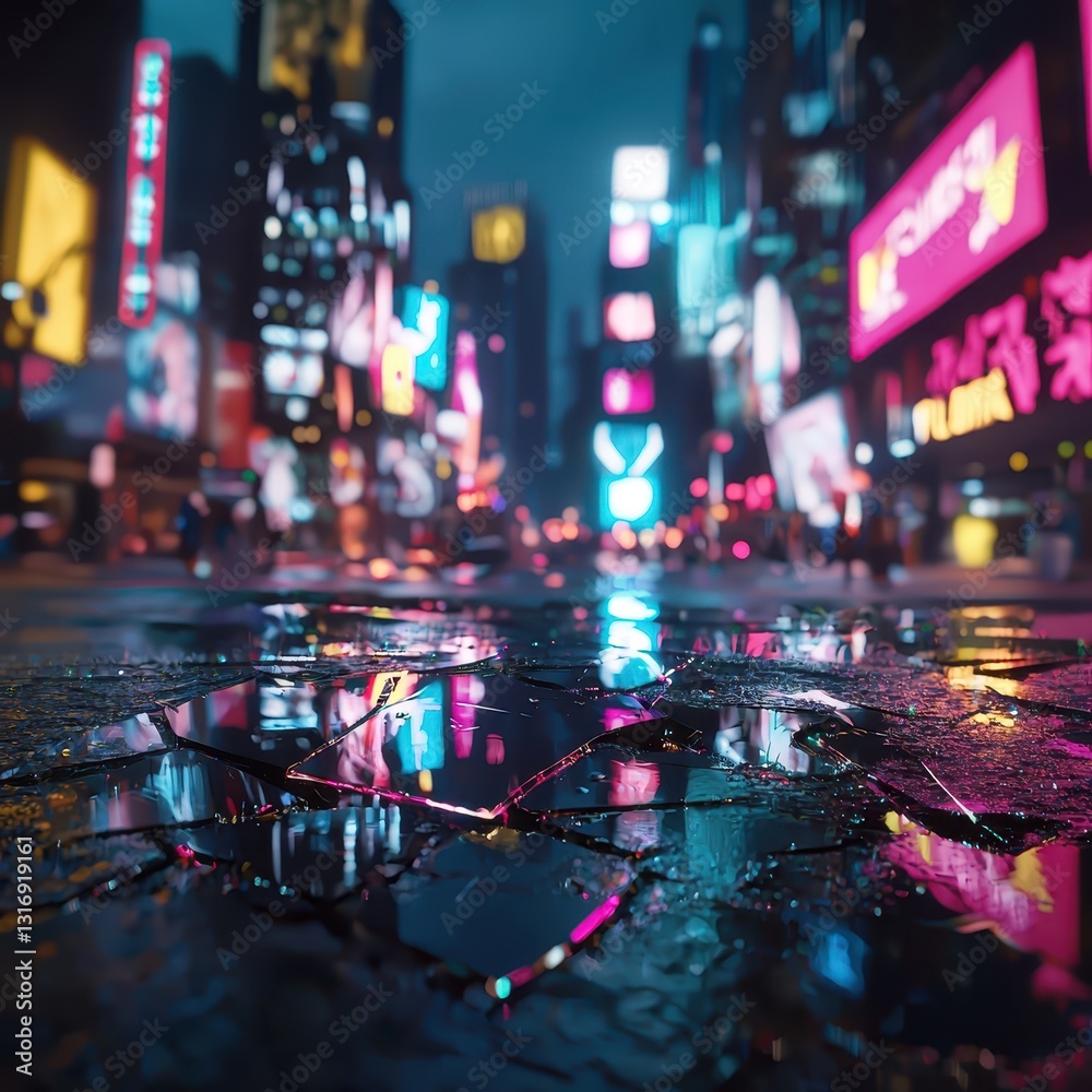 Fototapeta premium Reflections of Neon Lights on Wet Urban Streets at Night