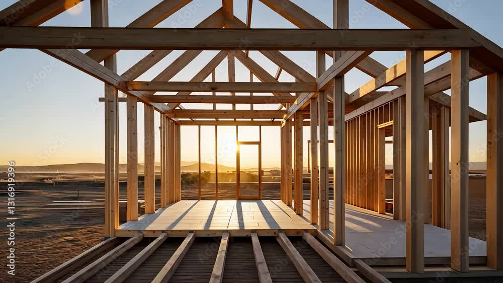 Wooden House Frame Under Construction at Sunset With Exposed Beams and Open Floor Plan on a Rural Building Site
Wooden House Frame Under Construction at Sunset With Exposed Beams and Open Floor Plan on a Rural Building Site