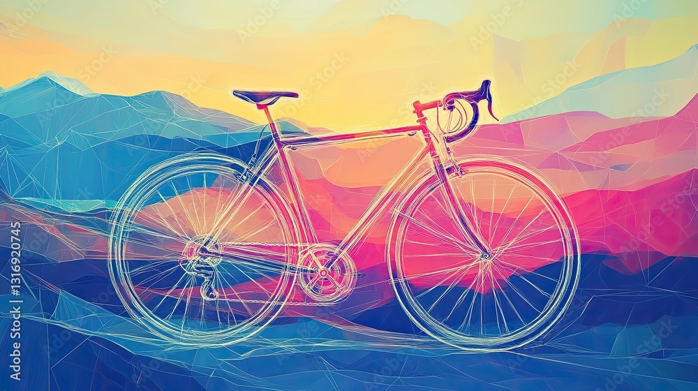 Fototapeta premium Abstract Bicycle in Colorful Polygonal Landscape at Sunset