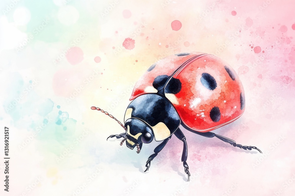 Fototapeta premium A vibrant watercolor illustration of a ladybug, showcasing its distinct red shell with black spots against a soft, colorful background.