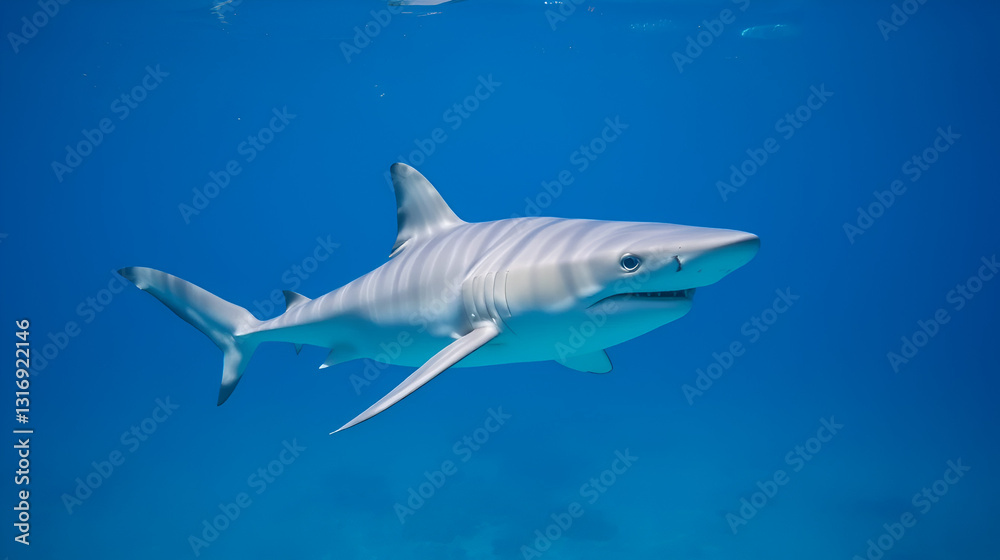 Fototapeta premium Grey Reef Shark Swimming in Blue Water