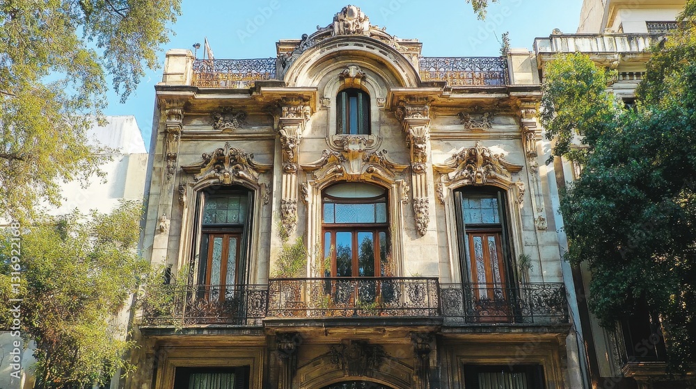 Fototapeta premium Ornate historic mansion facade with classical architectural details and decorative balconies