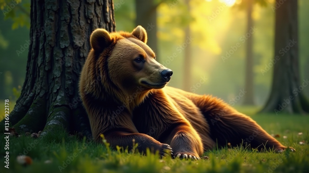 Obraz premium Majestic Brown Bear Resting Near a Tree Trunk in a Sun-Dappled Forest