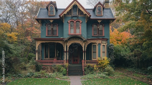 Victorian house with ornate details surrounded by autumn trees