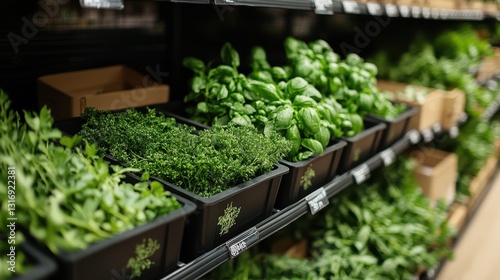 Fresh organic herbs displayed in grocery store aisle