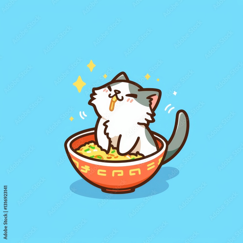 Naklejka premium Cute Cat Eats Noodle Bowl