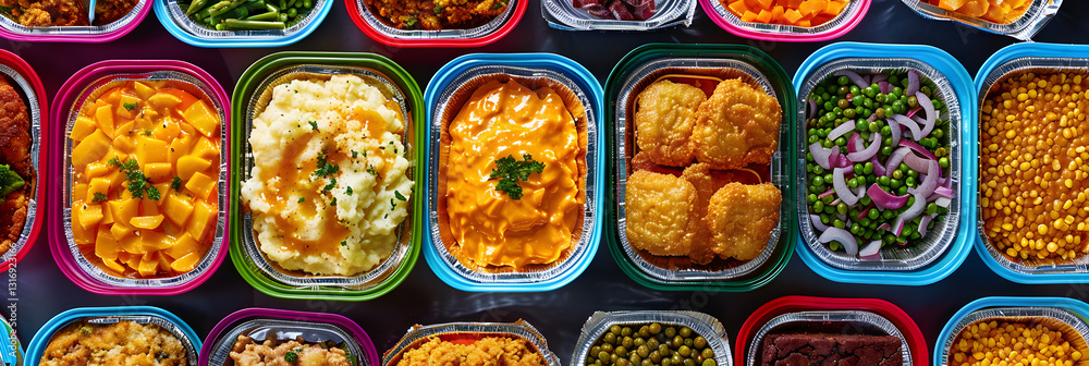 Nostalgic Array of Colorful Trays Filled with Classic TV Dinners Ready for the Oven Nostalgic Array of Colorful Trays Filled with Classic TV Dinners Ready for the Oven