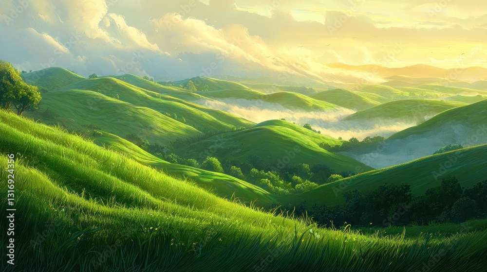 Obraz premium Serene sunrise over rolling green hills and fog-filled valleys.