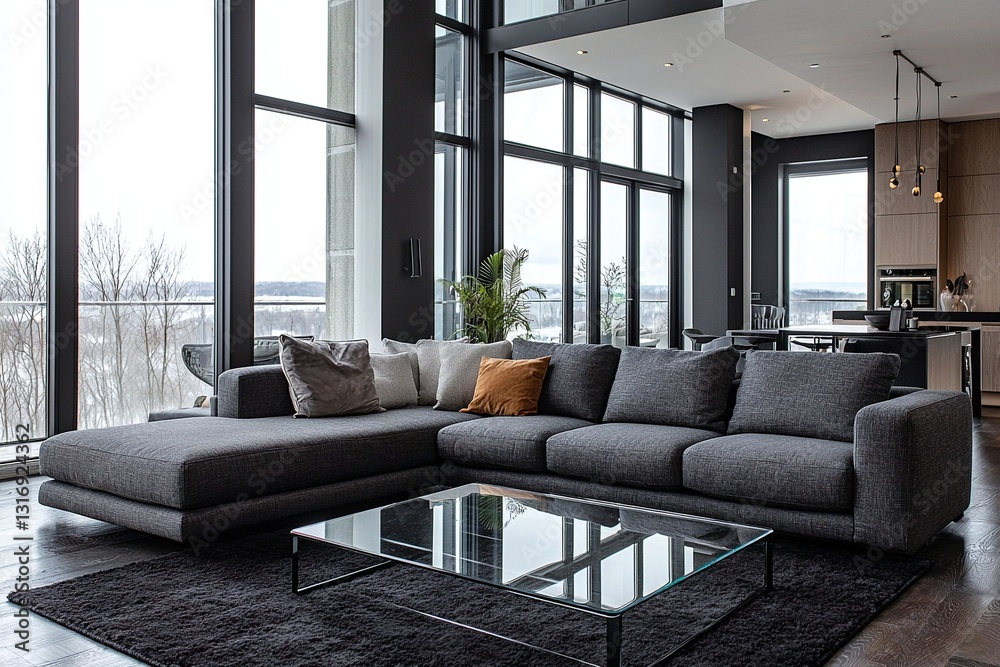 Fototapeta premium A modern mid century modern interior design in the living room with large windows, black rugs, and dark gray sofas. Generative AI 