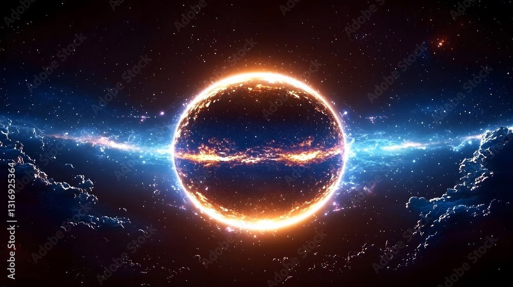 Obraz premium Luminous planet suspended in the sky radiating cosmic light against a dark and enigmatic space background