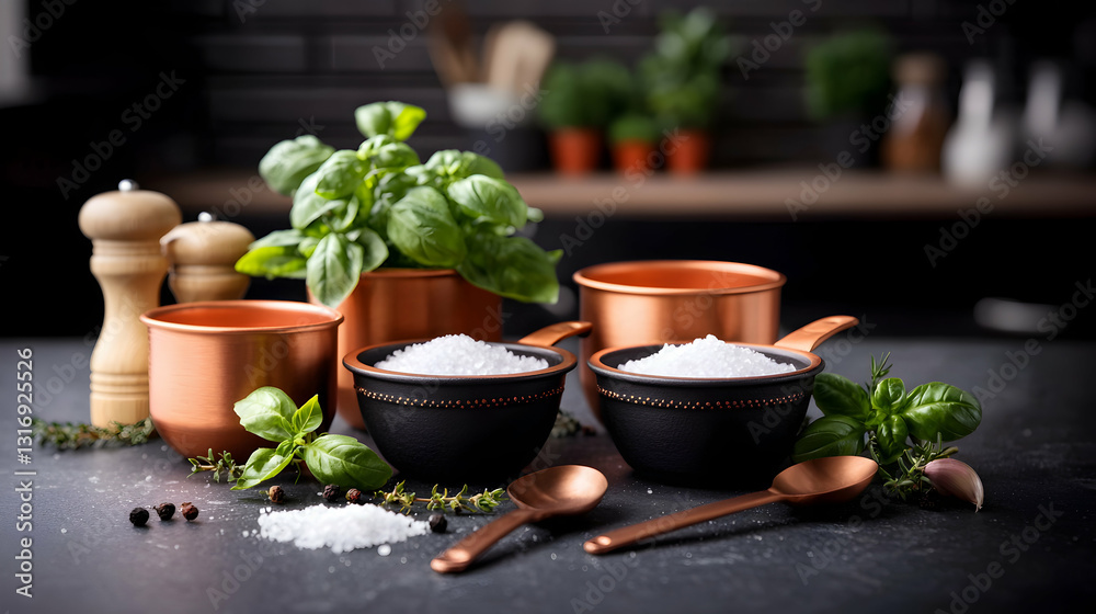 Fresh herbs and spices arranged on a kitchen countertop surface Fresh herbs and spices arranged on a kitchen countertop surface