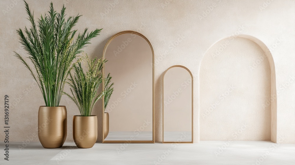 Fototapeta premium Stylish gold-framed mirrors leaning against a neutral wall, reflecting natural light