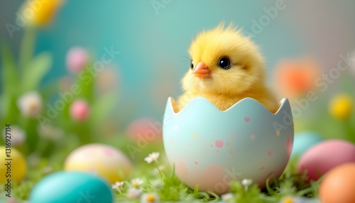 A tiny yellow chick sitting inside a pastel Easter egg shell, gazing up with big, adorable eyes. The cracked shell reveals its fluffy feathers, creating a cute and heartwarming springtime scene.
