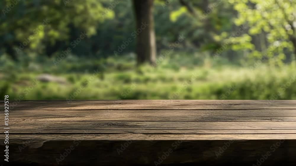 Wooden table in a lush green forest during the daytime showcasing natural beauty and tranquility Wooden table in a lush green forest during the daytime showcasing natural beauty and tranquility