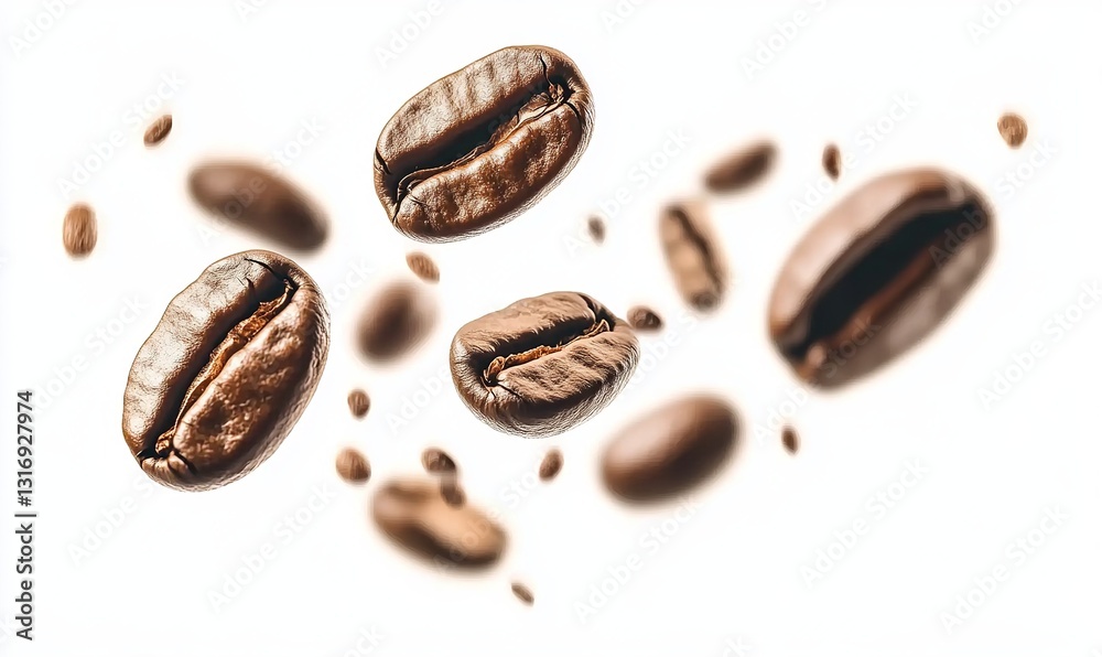 Fototapeta premium Coffee beans floating against a white background