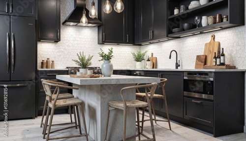 Modern kitchen with black cabinetry and stone island