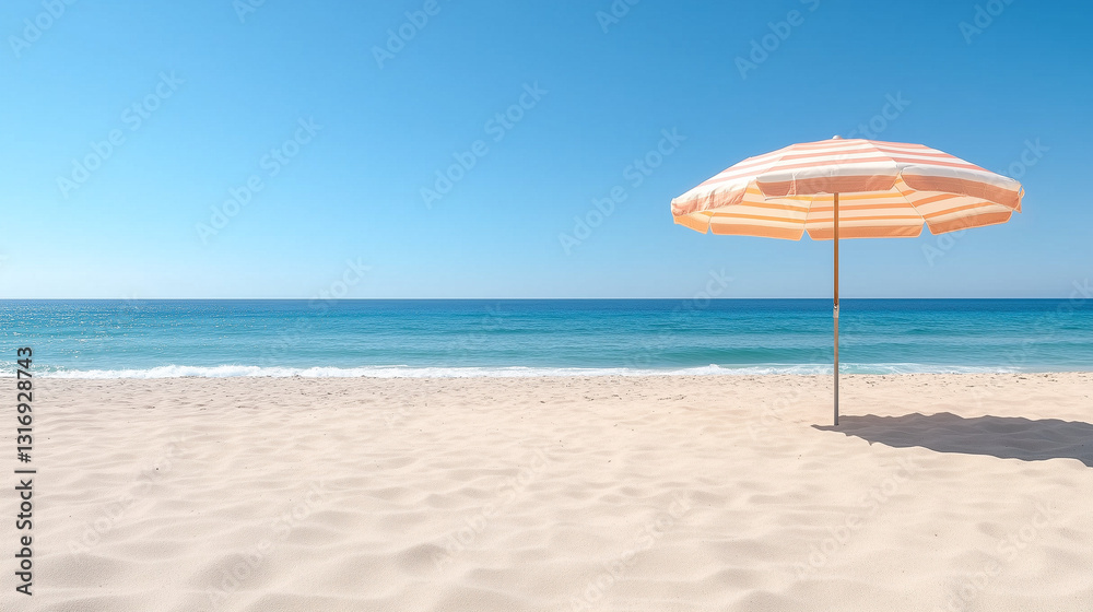 Beige beach umbrella on white sand under a blue sky Beige beach umbrella on white sand under a blue sky