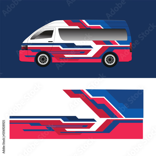 car body wrap livery decal design Blue, white, red van with design template suitable for branding business.