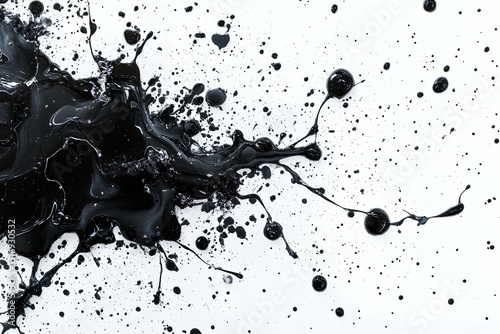 Black ink splatters and drips on white background  Dynamic abstract composition