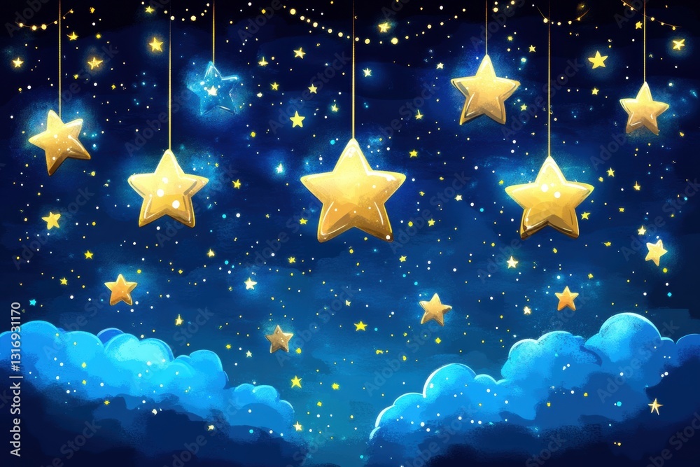 Fototapeta premium Dreamy Night Sky with Hanging Golden Stars and Soft Blue Clouds for Childrens Storybook Illustration