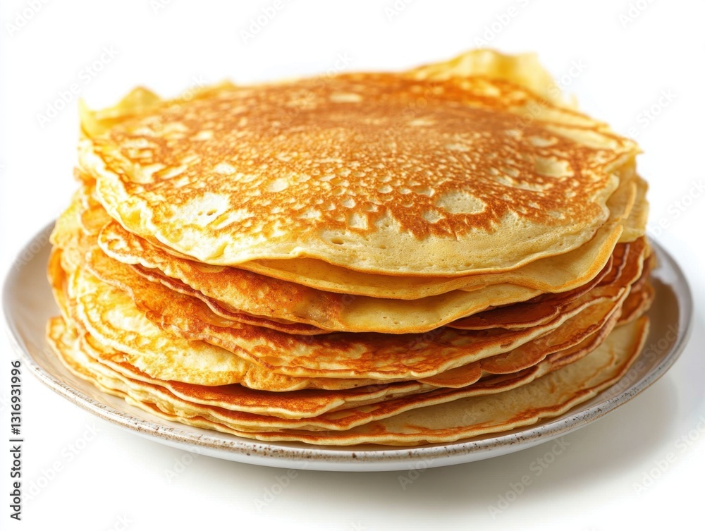 Delicious stack of golden pancakes on a plate against a bright white background perfect for breakfast brunch or dessert Delicious stack of golden pancakes on a plate against a bright white background perfect for breakfast brunch or dessert