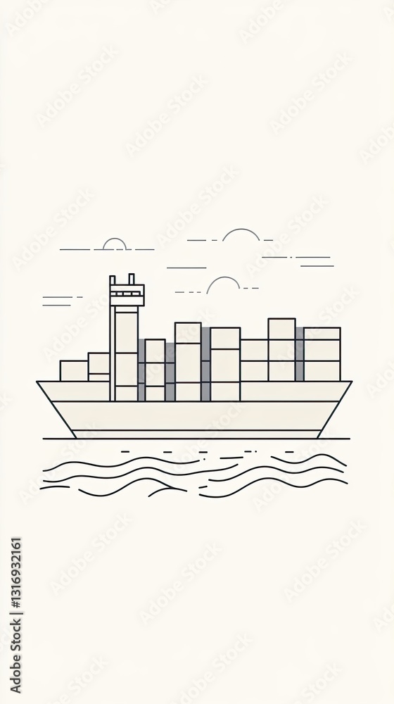 Obraz premium Simple Line Art of Cargo Ship on Calm Sea with Clouds and Sun