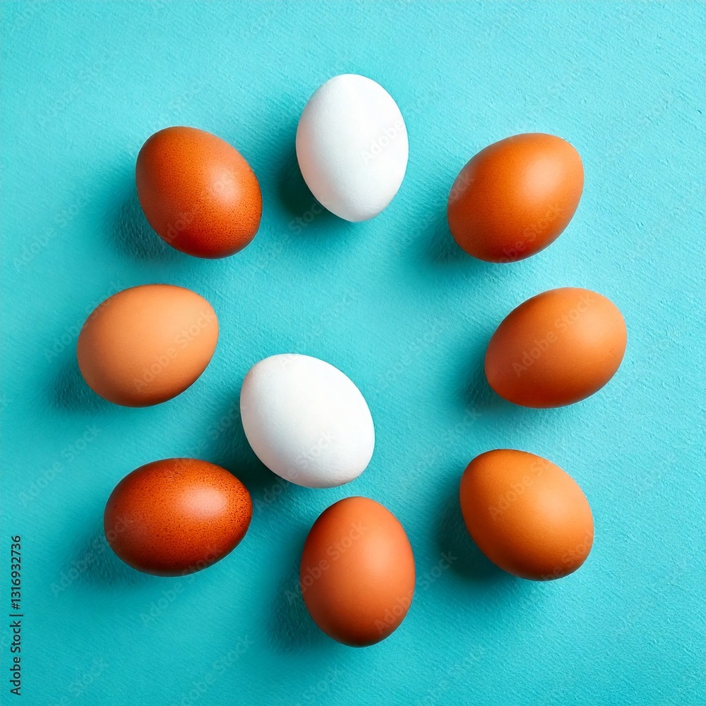 white and brown eggs on a blue background white and brown eggs on a blue background