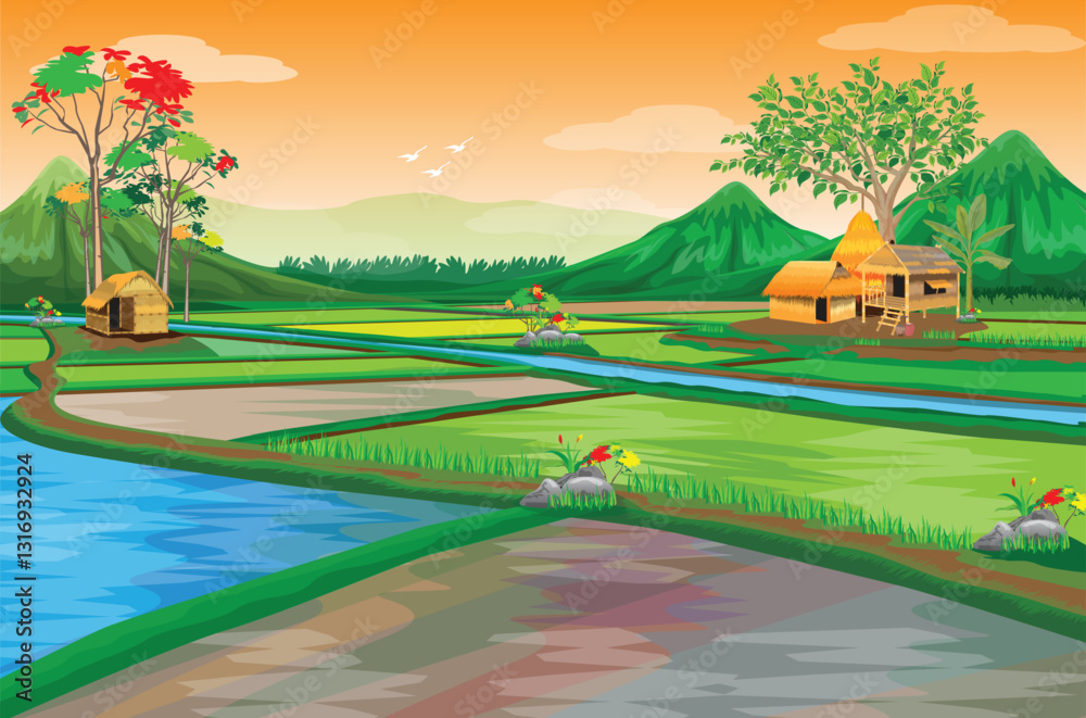 paddy field at countryside ,straw hut,vector design