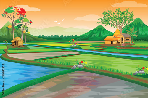 Obraz na płótnie paddy field at countryside ,straw hut,vector design w salonie