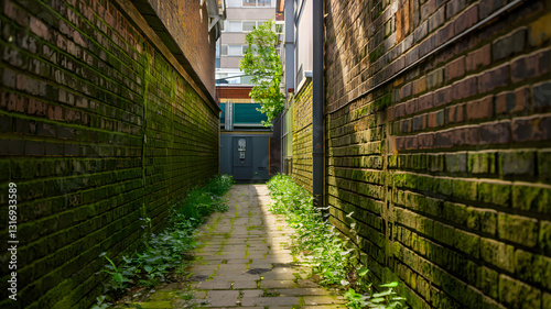 A sunlit alley with old brick walls covered in moss and small plants growing between the cracks.
