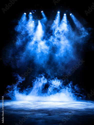 Blue stage lights illuminate thick smoke creating a dramatic atmospheric scene on a dark floor