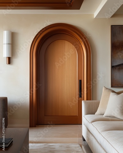 Elegant wooden door with light brown finish, boasting an arched top and gentle curve at its base. Rich wood grain patterns are prominently displayed photo