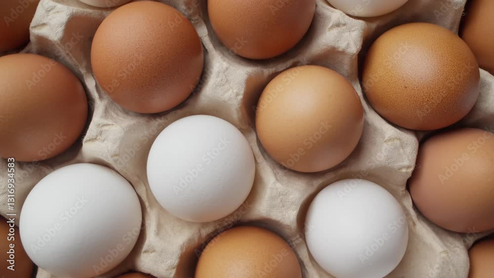 Brown and white eggs in carton box rotating. Chicken eggs in container. Zoom in slider shot. Organic food. Close-up of hen eggs. Healthy nutrition. Cinematic shot. 4K, UHD Brown and white eggs in carton box rotating. Chicken eggs in container. Zoom in slider shot. Organic food. Close-up of hen eggs. Healthy nutrition. Cinematic shot. 4K, UHD