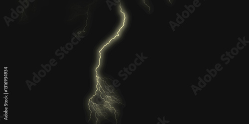 Thunder, lightnings and rain on a stormy summer night in black and white. Lightning bolts in the sky at night. Different lightning bolts isolating on black. Bright light flare and sparks .
