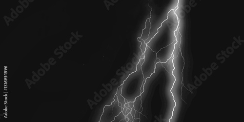 Thunder, lightnings and rain on a stormy summer night in black and white. Lightning bolts in the sky at night. Different lightning bolts isolating on black. Bright light flare and sparks .