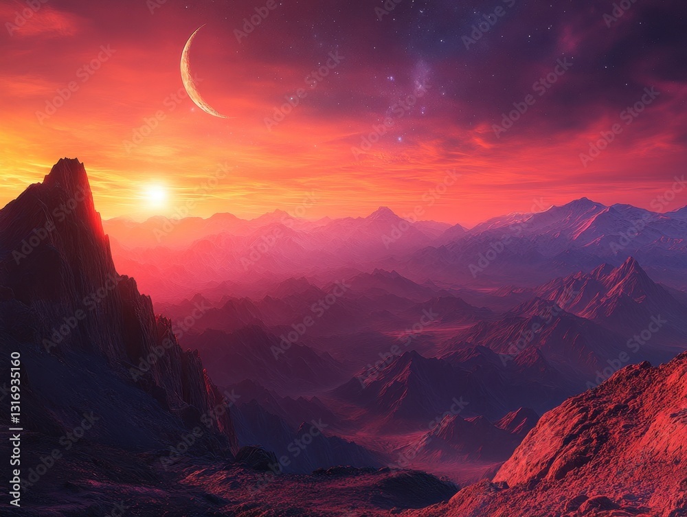 Fototapeta premium Majestic mountain range under a vibrant sunset sky with a crescent moon and distant stars creating a tranquil landscape