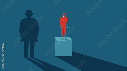 Shadow Self A person standing confidently on a podium with a shadow looming behind them that shows a more timid figure symbolizing inner doubts despite outward success.