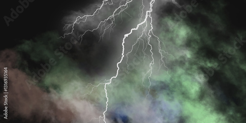 Thunder, lightnings and rain on a stormy summer night in black and white. Lightning bolts in the sky at night. Different lightning bolts isolating on black. Bright light flare and sparks .