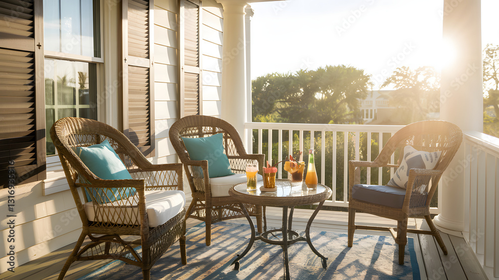 Fototapeta premium A sunlit porch with wicker chairs and a small table set with drinks.