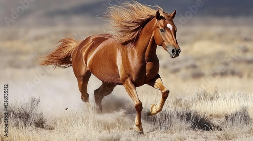 Chestnut horse galloping in desert.