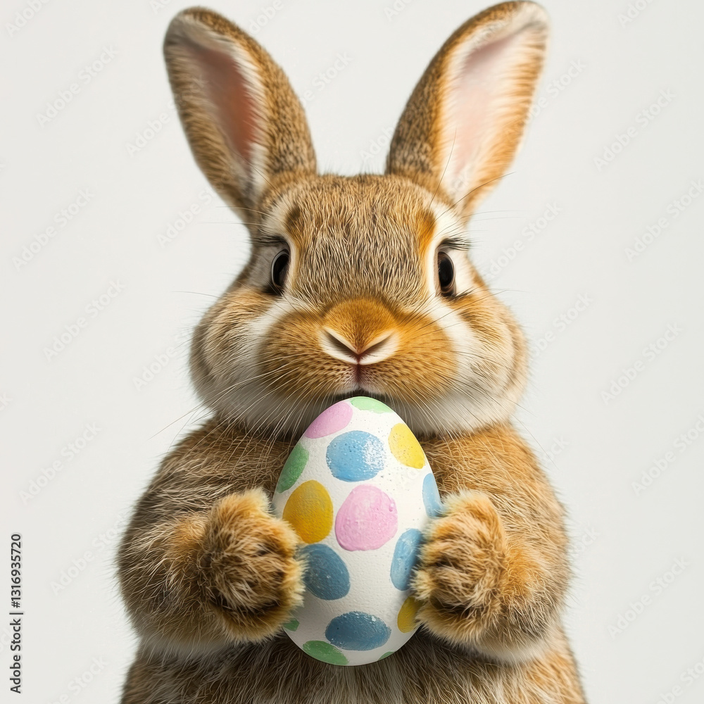 Obraz premium cute rabbit holding colorful Easter egg with cheerful expression