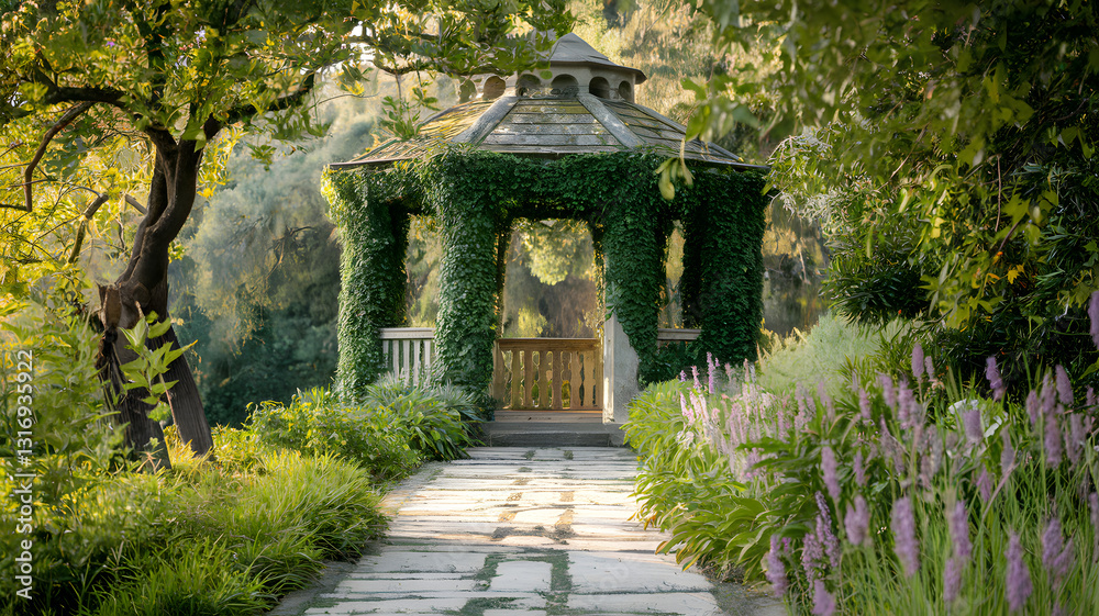 Obraz premium A sunlit stone path leading to a weathered gazebo covered in ivy.