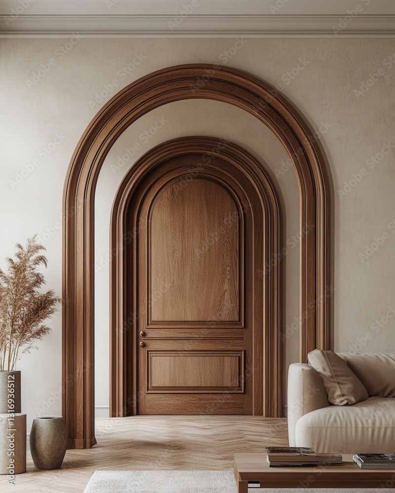 Intimate view of an elegant, dark brown wooden door; its smooth texture and gentle curves are highlighted in soft lighting Intimate view of an elegant, dark brown wooden door; its smooth texture and gentle curves are highlighted in soft lighting