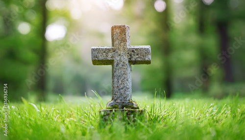 Weathered stone tombstone with Christian cross on lush green grass. Faith and remembrance.