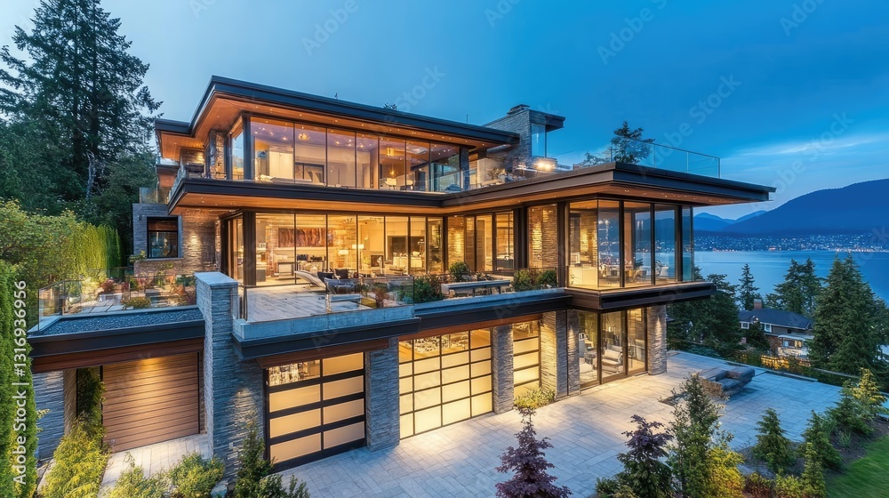 Obraz premium Contemporary house with a glass balcony and scenic view.