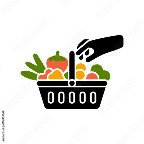 Hand selecting fresh vegetables and fruits in a grocery basket for healthy shopping.