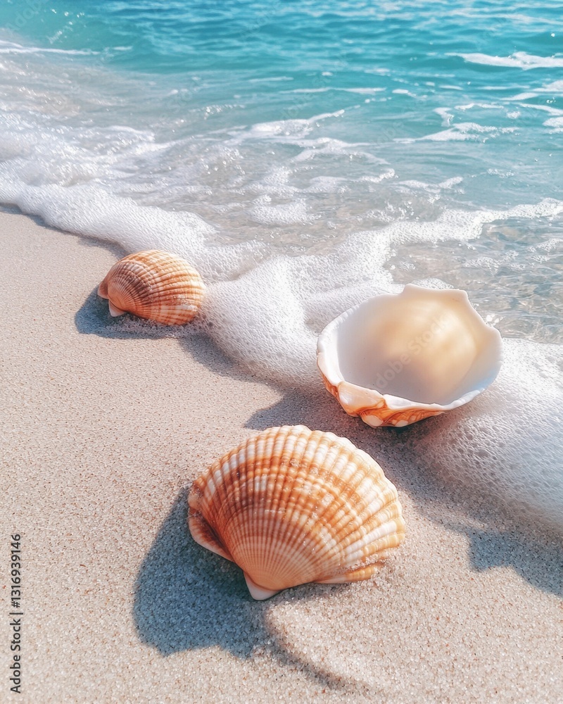 Seashells on Sandy Beach with Turquoise Water Gentle Waves and Bright Sunlight Summer Vacation Theme Seashells on Sandy Beach with Turquoise Water Gentle Waves and Bright Sunlight Summer Vacation Theme
