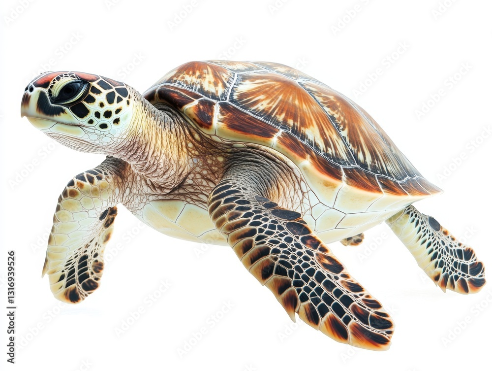 Fototapeta premium Majestic sea turtle swimming gracefully in clear water against a bright white background studio shot capturing the essence of marine wildlife